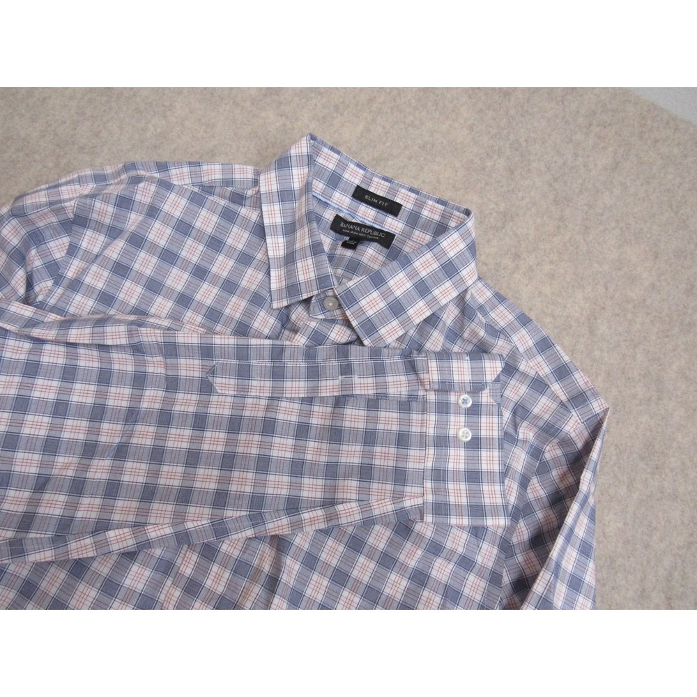 Banana Republic Mens Slim Fit Non-Iron Cotton Plaid Dress Shirt Blue Red Large